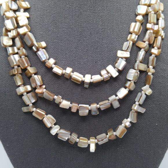 Abalone Shell Three Strand Necklace, Glass White Seed Beads, 19 Inches - Picture 2 of 9